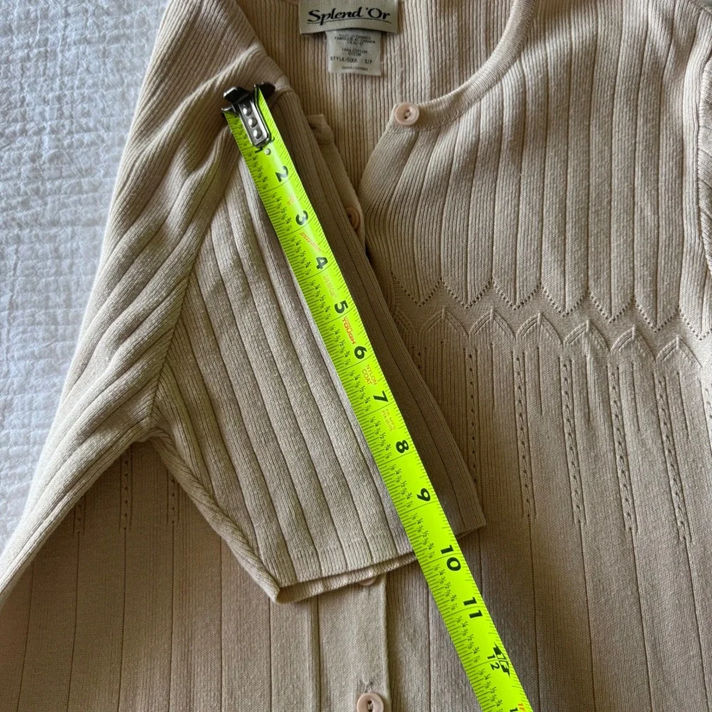 Vtg 100% Cotton Womens S Beige Ribbed Short Sleeve Cardigan Sweater Cottagecore